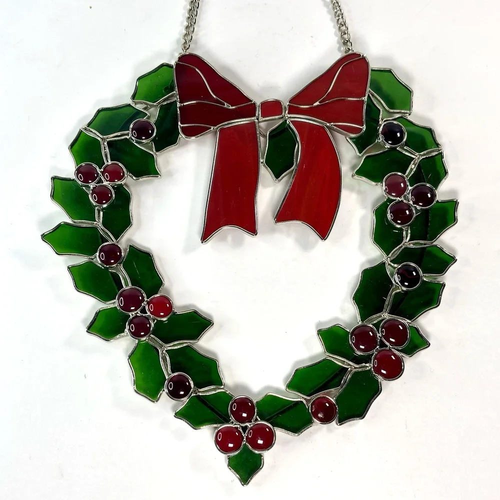 Stained Glass Christmas Holly Berry Wreath w Bow 9” Hanging Window Suncatcher